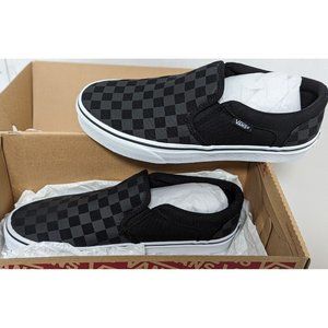 Vans Men's Asher Checkerboard Black Canvas Slip On Skate Shoes Size 8 New In Box